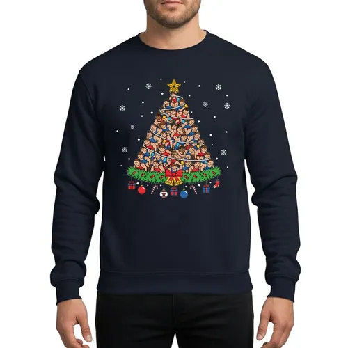 Wrestling Fan's Cartoon Grappler Christmas Tree Red Blue Gold Lights Candy Canes Sweatshirt