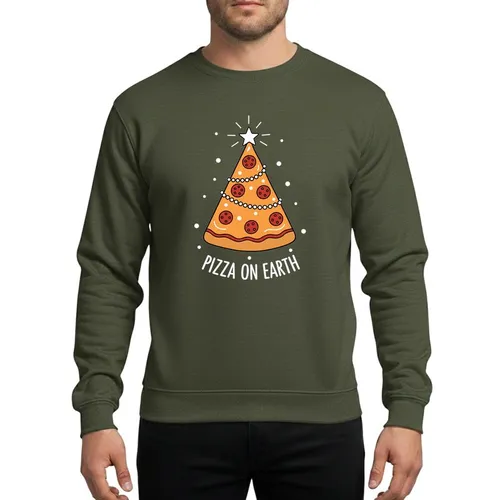 Holiday Foodies' Whimsical Pizza Christmas Tree, Golden Yellow Cheese, Red Pepperoni Ornaments, White Star, 'Pizza On Earth' Script Sweatshirt