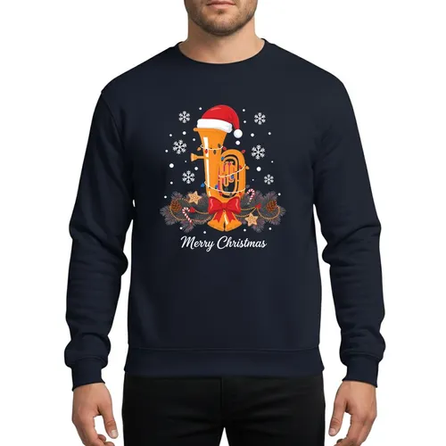 Tuba Music Lovers' Crisp Vector Bright Yellow Tuba Red Santa Hat Colorful Lights Snowy Pine Garland Gold Bells & Merry Christmas Sweatshirt