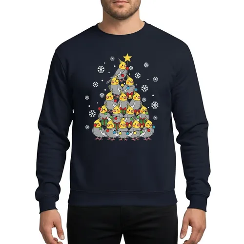 Bird Lovers & Christmas Fans' Whimsical Grey Cockatiel Christmas Tree Stack Festive Yellow Star Colorful Lights Snowy Flat Art Sweatshirt