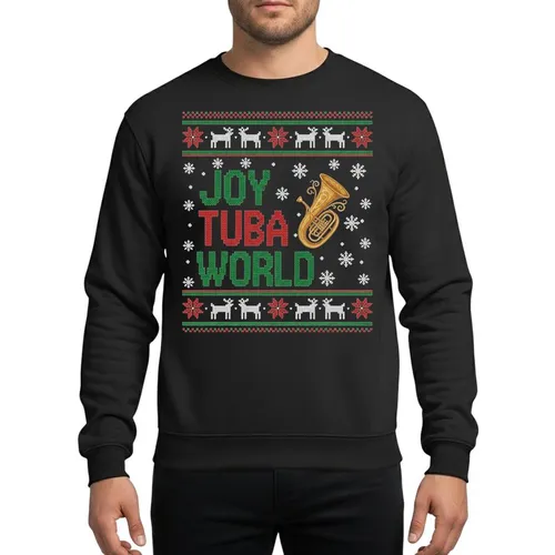Musician Christmas Fan Ugly Sweater Style JOY TUBA WORLD Knit Red Green Golden Tuba Reindeer Black Sweatshirt