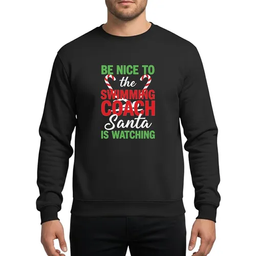 Holiday Season Enthusiasts' Vibrant Green Red White Stacked Festive Typographic Swimming Coach Candy Cane Santa Design Sweatshirt