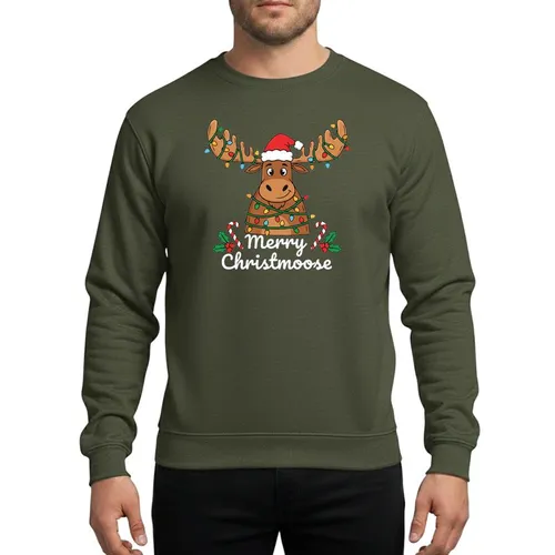 Christmas Enthusiasts' Whimsical Moose Entangled in Colorful Red Green Blue String Lights, Santa Hat & Merry Christmoose Text Sweatshirt