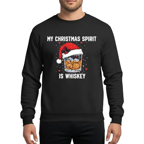 Whiskey Lovers' Festive Holiday Pixel Art Amber Whiskey Glass, Santa Hat, Colorful Lights & 'My Christmas Spirit Is Whiskey' Design Sweatshirt