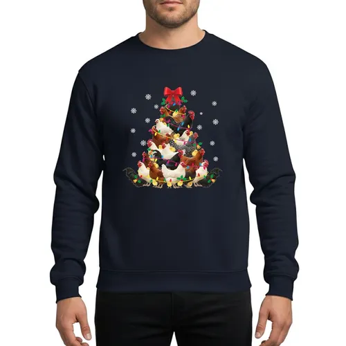 Chicken Lovers' Realistic Hens Chicks Christmas Tree Red Bow Colorful Lights Gold Bells Black Snow Sweatshirt