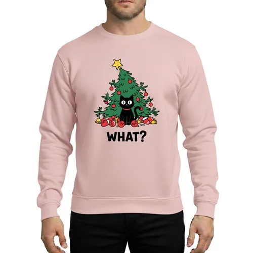Cat Lovers' Mischievous Black Cat Christmas Tree Chaos with Red Ornaments Golden Bells "WHAT?" Cartoon Sweatshirt