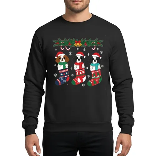 Dog Lovers' Festive Japanese Chin Christmas Stocking Flat-Color Illustration with Red, Green, Gold Garland & Snowflakes Sweatshirt