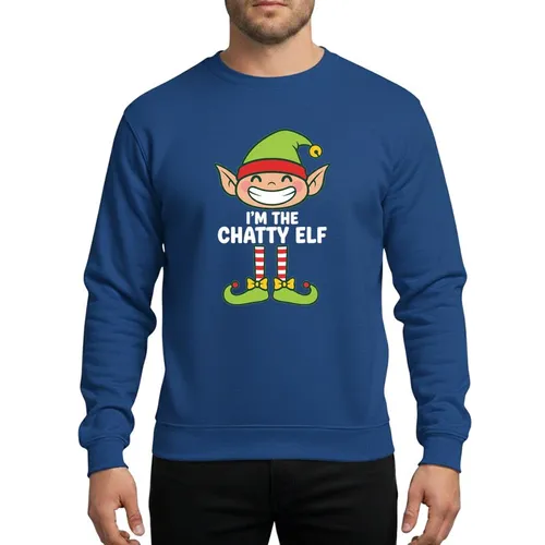 Family Holiday Enthusiasts Funny Chatty Elf Character Lime Green Hat Red Band White Text Red White Striped Legs Curled Shoes Sweatshirt