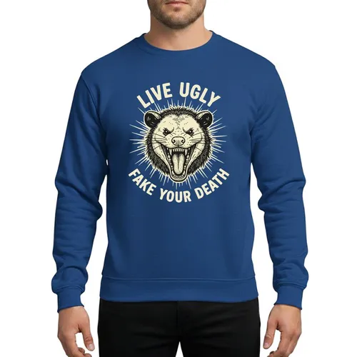 Wildlife Humor Fans' Vintage Linocut Fierce Opossum Black & Cream Distressed Text Sweatshirt