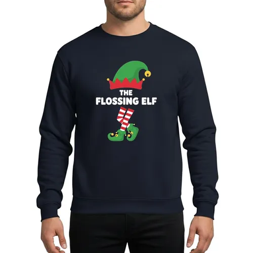 Holiday Celebrators' Whimsical Flat Vector Green Elf Floss Dance Red Striped Socks Yellow Bell Design Sweatshirt