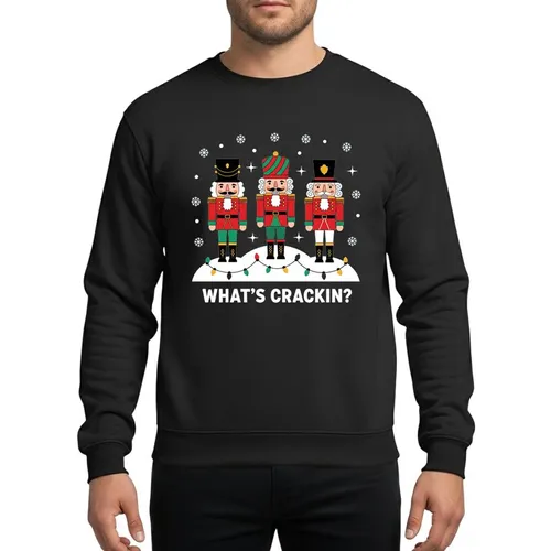 Festive Fun Seekers' Three Traditional Nutcrackers Vibrant Red Green Gold Snowdrift Vintage Lights Playful 'WHAT'S CRACKIN'?' Phrase Sweatshirt