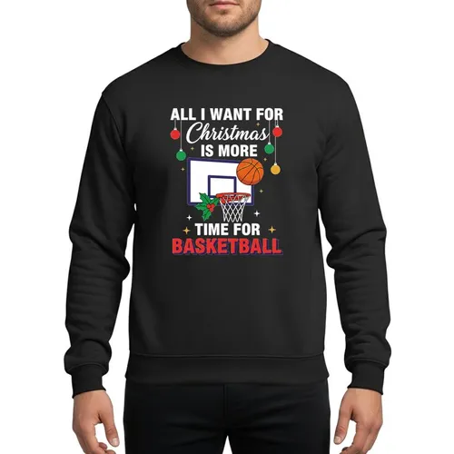 Basketball Fans' White Script Christmas Hoop, Orange Ball, Bold Red & Dark Blue Text, Green Holly, Gold Stars Sweatshirt