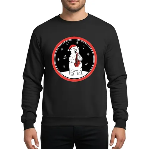 Jazz & Christmas Enthusiasts' Hand-drawn Flat Art Polar Bear Playing Red Saxophone Festive Snowflakes Black Red Circular Frame Sweatshirt