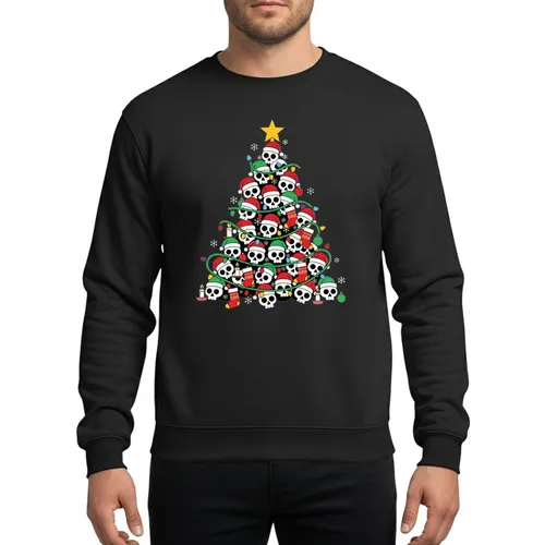 Festive Skull Art Enthusiasts' Vibrant Christmas Tree with Red Green Santa Hats Golden Star & Multi-Color Lights Sweatshirt