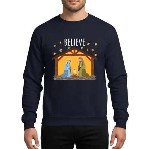 Christmas Celebrants' Hand-Drawn Folk Art Nativity, White 'Believe' & Gold Stars, Blue Mary, Olive Joseph Sweatshirt