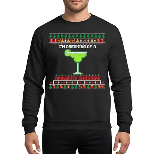 Holiday Cocktail Fans' Pixel Art Margarita Christmas with Green Glass, Red Text & Festive Ugly Sweater Style Border Sweatshirt