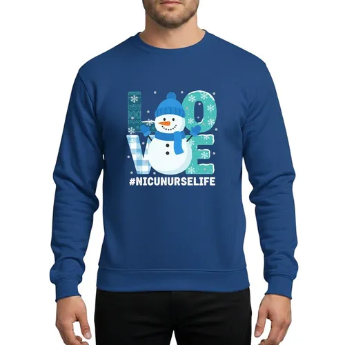 NICU Nurse Playful Winter Snowman Love Letters, Royal Blue Hat & Scarf, Teal Plaid & Knit Texture, Silver Glitter Snowflakes Sweatshirt
