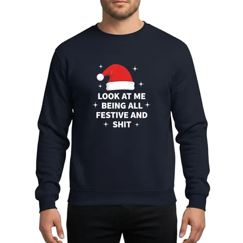 Adult Humor Christmas Fans Bold White Text Red Santa Hat Black Background Four-Point Stars Sweatshirt