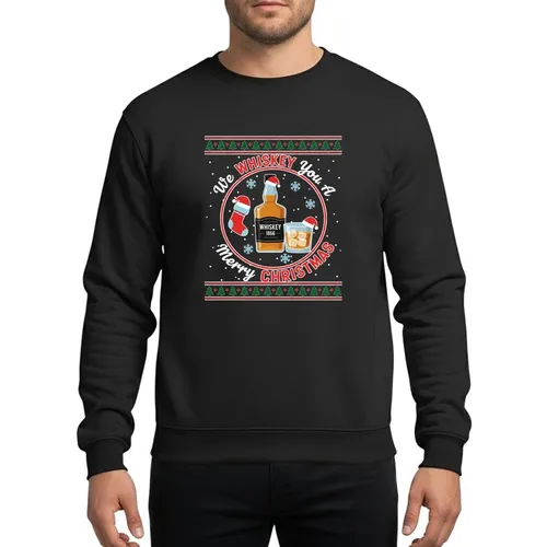 Adult Holiday Drinkers' Black Ugly Sweater Style Whiskey Bottle Glass Santa Hats Red Green Pine Tree Snowflakes Design Sweatshirt