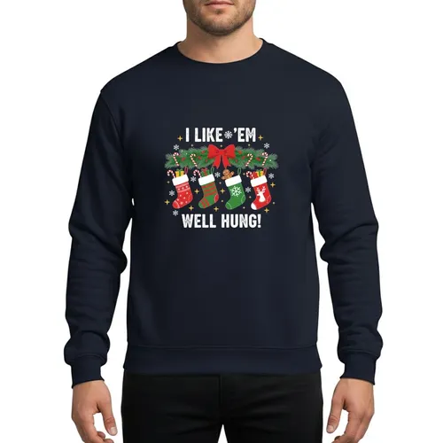 Festive Season Celebrators' Vibrant Christmas Stocking Garland Evergreen Berries Candy Canes 'I Like Em Well Hung' Design Sweatshirt