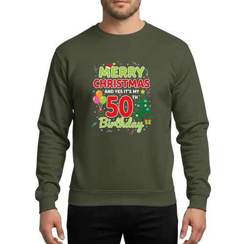 Holiday Birthday Revelers Whimsical Red & Lime Green '50th Birthday' Christmas design, festive balloons, tree, and colorful confetti Sweatshirt