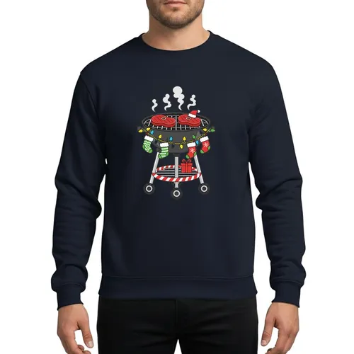 Holiday Grill Masters' Vibrant Cartoon BBQ Grill with Two Sizzling Red Steaks, Santa Hat, Multicolor Christmas Lights, & Candy Cane Stripes Sweatshirt