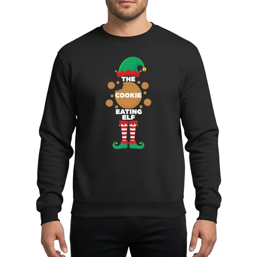 Family Christmas Celebrators' Emerald Green Elf Hat Red Striped Socks Golden Bells Cookie Graphic Bold Text Festive Sweatshirt