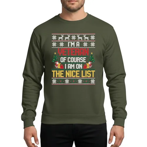 Military Veterans' Ugly Christmas Sweater Inspired Pixel Knit White Red Green Yellow Snowflakes Reindeer Trees Santa Nice List Design Sweatshirt