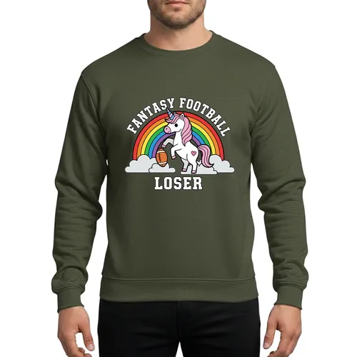 Fantasy Football Fans' Whimsical Fumbling Unicorn, Vibrant Rainbow, Collegiate 'FANTASY FOOTBALL' Design Sweatshirt