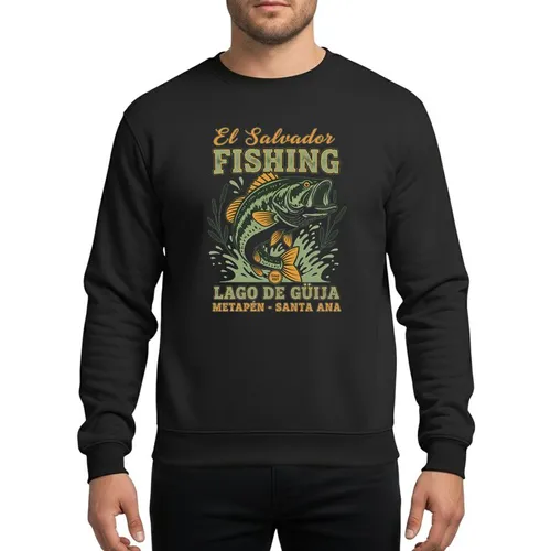 Fishing Enthusiasts' Vibrant Vintage El Salvador Lago de Güija Art with Leaping Forest Green Bass, Golden Orange Script & Sage Accents Sweatshirt