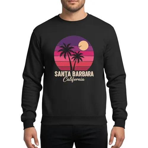 Beach Vacationers & Retro Style Lovers' Santa Barbara California Distressed Purple Magenta Sunset Palm Trees Sweatshirt