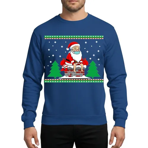 Adult Holiday Humor Enthusiasts Comical Santa Chimney Scene with Bare Legs, Pixel Art Snowflakes, and Red Green Zigzag Borders Sweatshirt