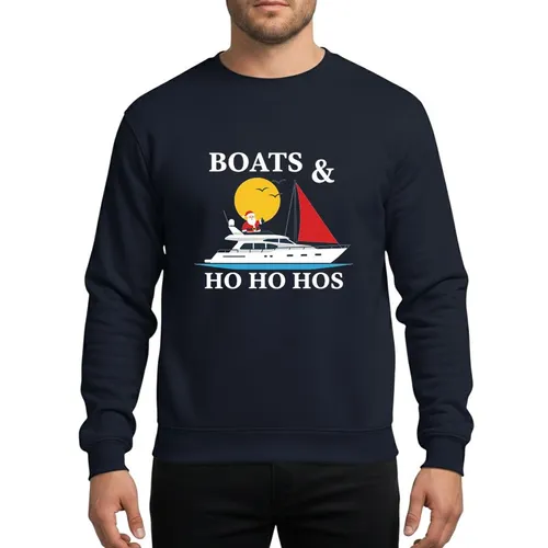 Boating Christmas Enthusiasts' Festive Nautical White Yacht Red Sail Santa Blue Water Yellow Sun 'BOATS & HO HO HOS' Text Sweatshirt