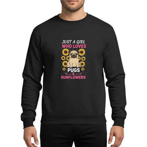 Pug Moms & Sunflower Enthusiasts' Illustrative Tan Pug Yellow Sunflowers Hot Pink White Script Text Sweatshirt