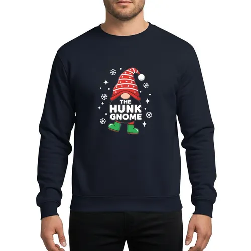 Christmas Family Group Playful Red Green Hunk Gnome, Striped Hat, Polka Dots, Confident Green Boots, Snowflakes Stars Black Sweatshirt