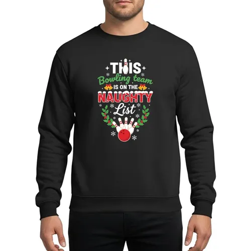 Festive Bowling Fans' White & Red Snow-Capped 'Naughty List' Typography, Green Holly & Gold Bells Bowling Theme Sweatshirt