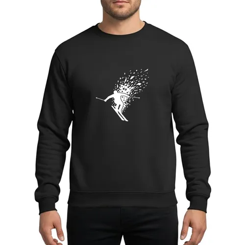 Skiing Enthusiasts' Dynamic White Skier Silhouette Geometric Snow Shards Black Panel Sweatshirt