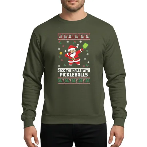Pickleball Players' Festive Fun Bold Dabbing Santa Pickleball Ugly Christmas Red White Green Pixelated Fair Isle Pattern Sweatshirt