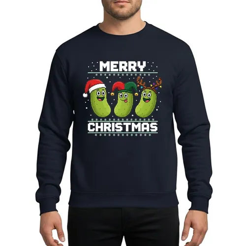 Pickle Lovers' Whimsical Christmas Pickles: Santa, Jester, Reindeer with Rainbow Lights & Pixelated 'MERRY CHRISTMAS' Sweatshirt