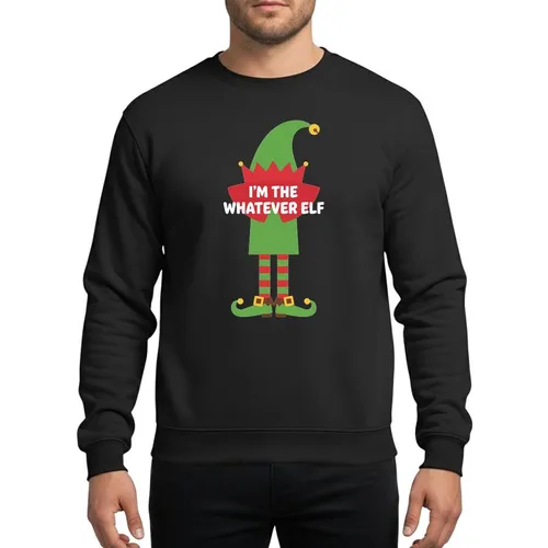 Holiday Family Fun Whimsical Green Elf Character Red Collar Striped Legs 'I'M THE WHATEVER ELF' Text Sweatshirt