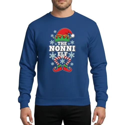 Christmas Grandmas Whimsical Hand-Drawn Red Elf Hat Green Shoes Striped Legs 'NONNI ELF' Snowflakes Sweatshirt