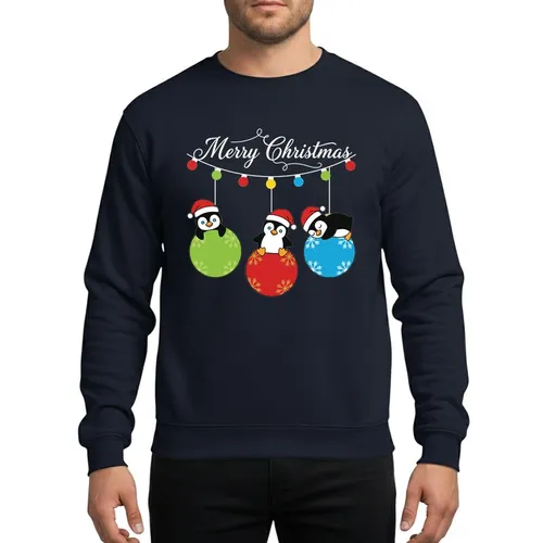 Festive Holiday Fans Cute Cartoon Penguins Red Green Blue Snowflake Christmas Ornaments Sweatshirt