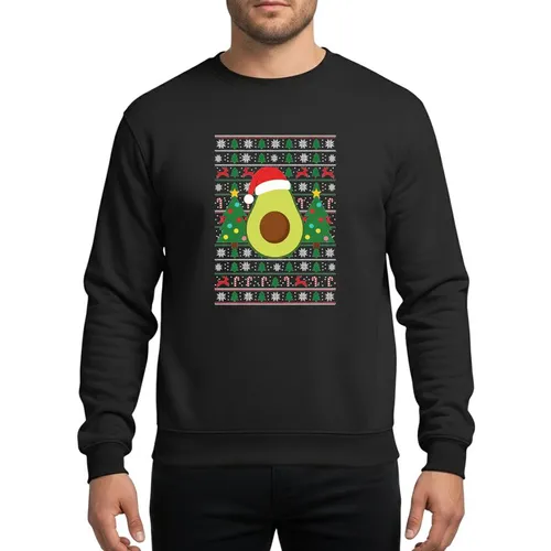 Christmas Enthusiasts' Cheerful Santa Hat Avocado, Green Christmas Trees, Multi-color Ornaments, Red White Black Pixelated Fair Isle Ugly Sweater Pattern Sweatshirt