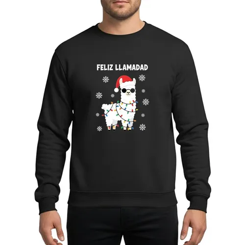 Holiday Humor Fans' Whimsical Llama Red Santa Hat Sunglasses Multi-Color Lights Snowflakes Sweatshirt