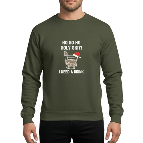 Adults' Festive Holiday Humor Typographic Drink Glass Santa Hat Design White Red Green Sweatshirt