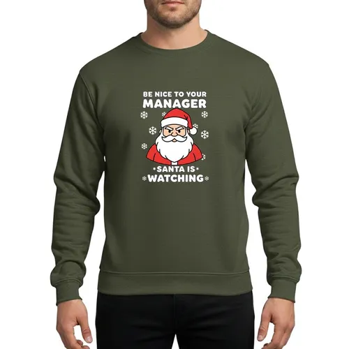 Workplace Holiday Celebrators' Bold Cartoon Red Santa with White Beard, Playful Bubble Text 'MANAGER', White Snowflakes, Chroma Green Sweatshirt