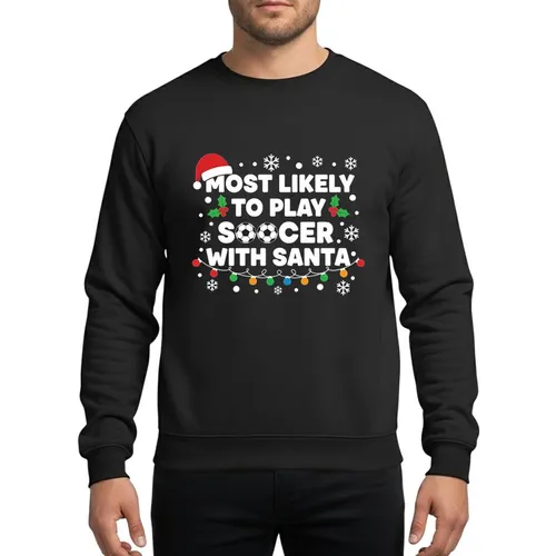 Family Holiday Humor Lovers' White Typographic Christmas Soccer Balls Red Santa Hat Green Holly Lights Festive Pattern Sweatshirt