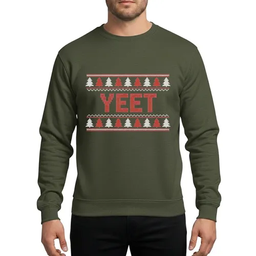 Trendy Holiday Enthusiasts' Bold Red White Knitted YEET Ugly Christmas Sweater with Candy Canes & Fir Trees Sweatshirt