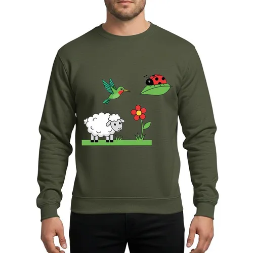 Whimsical Holiday Lovers' Magenta Cartoon Fluffy Sheep, Red Ladybug, Green Hummingbird Design Sweatshirt