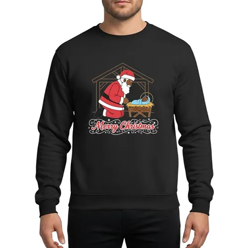 Diverse Christmas Art Lovers' Illustrative Black Santa Kneeling Dark Skinned Baby Jesus Manger & 'Merry Christmas' Sweatshirt